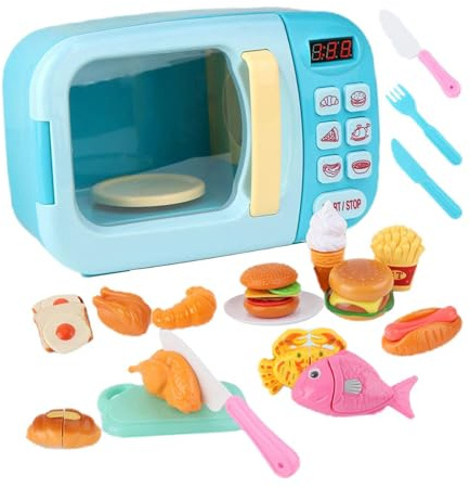 ICDKOYK Mini Cuisine Interactive pour Enfants : Four, pour Micro-Ondes et Autres Accessoires avec de Faux Aliments pour bébé. , Bleu , 31 pièces