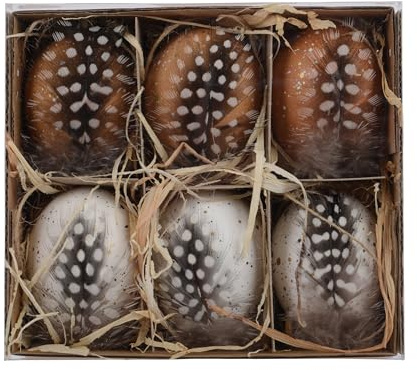 Ostereier zum Aufhängen 4x6cm 6er Box - gesprenkelte Dekoeier mit Aufhänger und echter Perlhuhn Feder - Echte Hühnereier ausgeblasen - Deko Eier für Ostern - Osterdeko Hängefrühlings Deko