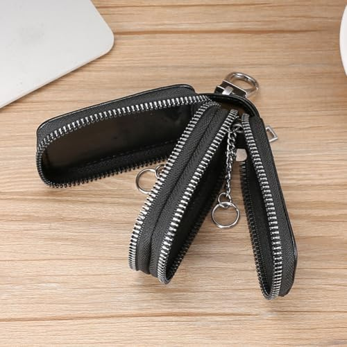 Zilimontt Étui en cuir pour clé de voiture avec double fermeture éclair et transparent pour clés de voiture - Porte-clé de voiture pour homme et femme - Accessoire élégant (noir)