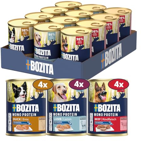 BOZITA Hund Paté Mix nötkött, anka, kalkon och vildsvin med postbiotika 12 x 400 g – hundmat duo- och singleprotein – fullvärdigt, spannmålsfritt våtfoder i multipack mixpack provförpackning multibox