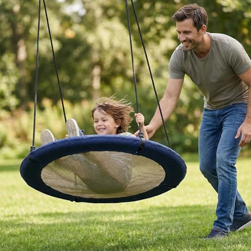 FRIEDO Nestschaukel Outdoor 90 cm bis 150 kg mit UV Schutz Bezug (blau) | UV-beständiger Bezug, Höhenverstellbar, Rostfreier Stahlrahmen, Kein Ausbleichen, Korbschaukel schnell montiert