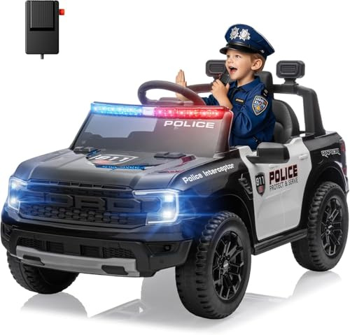 Ford Ranger Raptor Police 12V Auto Elettrica per Bambini con Telecomando 2.4G, Sirena, Lampeggianti e Microfono, Luci LED, Bluetooth USB, Soft Start, Ammortizzatori, Macchina Bambini