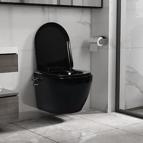 WC mural sans bord avec fonction bidet noir en céramique Soft-Close Siège de toilette suspendu Buse de nettoyage intégrée Hygiène Fonction douche Bidet WC pour rénovation de salle de bain