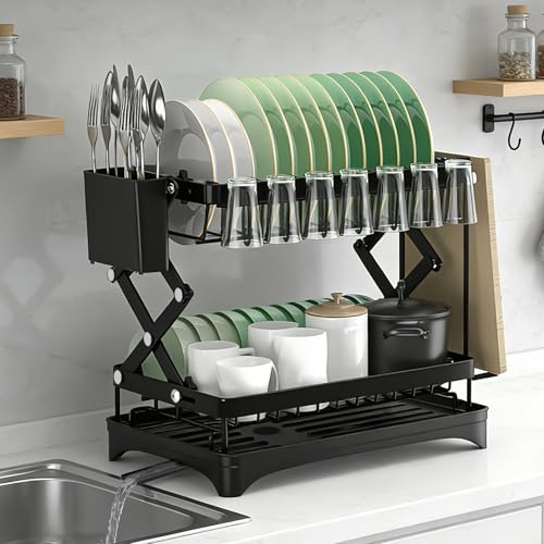 Todlabe Dish Drainer Rack, 2 Tier Foldable Dish Rack for Kitchen Counter, Height-Adjustable Sink Drainer Rack, Drying Rack with Utensil Holder and Draining Spout, Black