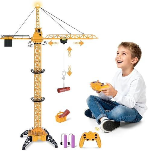 JONRRYIN Fjärrstyrd tornkran, 128 cm hög 2,4 Hz tornkran, 6 kanaler, tornkran, elektrisk, 680 graders RC byggkran med lyftkrok, tornkran, kanaler, ljud, för barn från 3 år