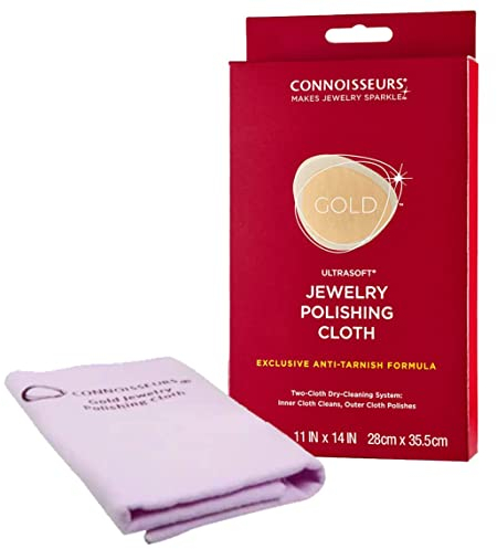 CONNOISSEURS Poliertuch für Goldschmuck | Schmuckreinigungstuch für die Schmuck Reinigung, Poliert und stellt den Glanz Wieder her – 100% Baumwollfaser – Extragroße 28 x 35,5 mm Goldreinigungstücher