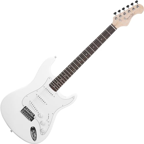 Rocktile Sphere Classic E-Guitare Blanche (pickguard blanc, 3x single coil pickups, 21 frettes, manche en Engineering Wood, pont tremolo, câble guitare 2,5 m, levier de tremolo et clé Allen)
