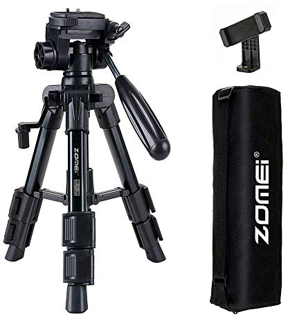 ZOMEI Q100 21-inch Lightweight Aluminum Camera Travel Tripod with 1/4 Quick Release Plate, 3-Way Pan Head and Phone Holder Mount