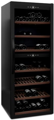 mQuvée Weinkühlschrank freistehender, WineExpert 126 Fullglass Black, schwarz, praktischen Funktionen, Glastür mit UV-Schutz, Zwei Temperaturzonen einstellbar, Mit bis zu 126 Flaschen