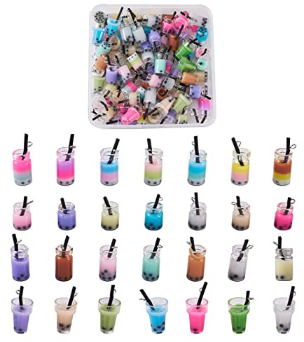 Cheriswelry 84 Stück Milchtee-Charm-Anhänger, Miniatur-Obst-Teetassen-Anhänger für DIY-Schmuck, Ohrringe, Schlüsselanhänger, Kunstharz