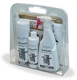 Schickling 4-teiliges Reinigungs-Set | Profi Grill Reiniger im Set | Edelstahl Pflegespray | Edelstahl Politur | Intensiv Reiniger | Premium Pflegetuch