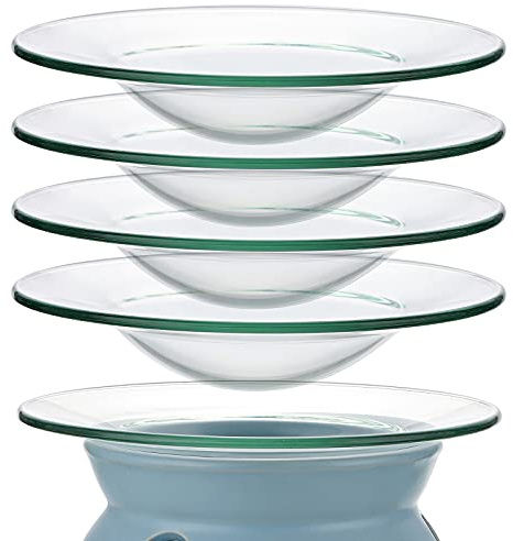 BSTKEY 5 Packs Glass Replacement Oil Warmer Dish, Clear 4.5 Inch Wax Melt Warmer Bowl Plate Lid Tray Replacement for Oil Burner