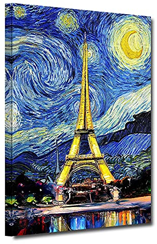 ZHONGYUTONG Van Gogh Kunstdrucke auf Leinwand mit Rahmen Sternennacht Paris Eiffelturm Gemälde Bild für Wohnkultur Wohnzimmer Schlafzimmer Dekoration (30x45cm)
