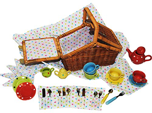 alles-meine.de GmbH 33 TLG. Set Picknick Korb/Puppengeschirr - mit Porzellan/Keramik Geschirr - Spiel Küche Zubehör Deko - für Kinder Mädchen & Jungen - gepunktet - Polka Dot..