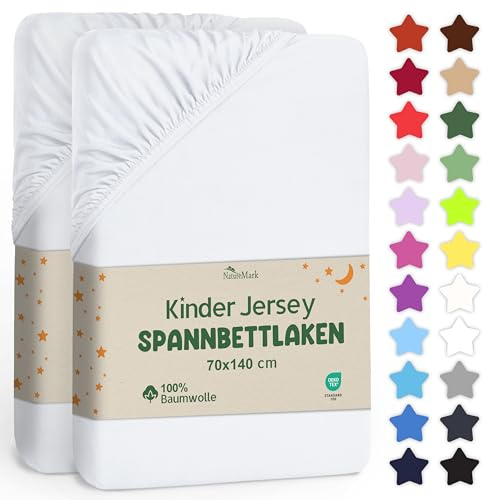 NatureMark Kinder Spannbettlaken 70x140 cm – Weiches Jersey, 100% Baumwolle, 2er Set für Babybett und Kinderbett, Weiß