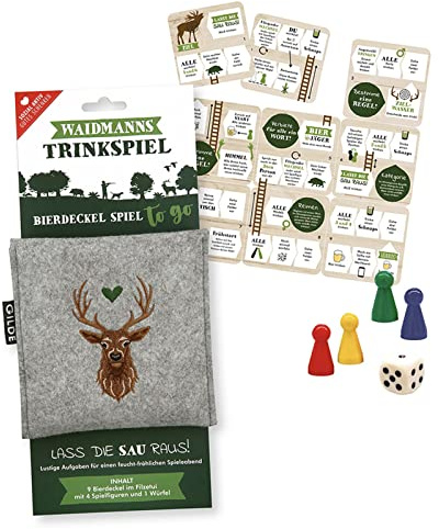 AKAH Bierdeckel-Spiel - Trinkspiel zum Wandern und für Jäger - Kompaktes Spiel für vier Mitspieler zum Mitnehmen inklusive Würfel