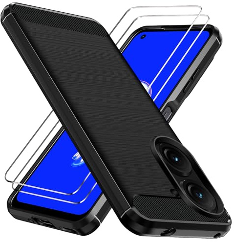 ivoler Hülle für Asus Zenfone 10 / Asus Zenfone 9 mit 2 Panzerfolie, Schwarz Stylisch Karbon Design Anti-Kratzer Handyhülle Stoßfest Schutzhülle Cover Weiche TPU Silikon Case