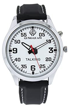 QINGQIAN English Talking Watch Suitable for The Elderly and Visually impaired, Silver Shell, Black Silicone Watch Strap,Male Style
