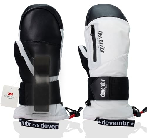 devembr Ski-Fäustlinge mit Handgelenkschützern, Warme Snowboard-Fäustlinge, Wasserdicht, Weiß, L