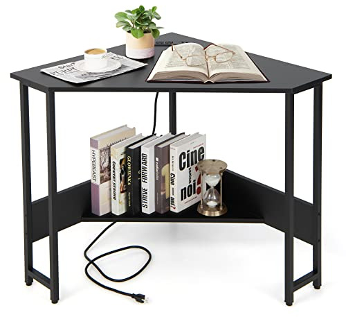 COSTWAY Corner Computer Desk, with USB Ports & Power Outlet, Storage Shelf for Small Space, Triangle Steel Frame Corner Desk for Home Office, Workstation (Black)