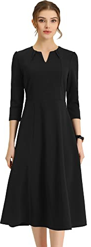Allegra K Women's 3/4 Sleeve A-Line Business Work Formal Midi Dress | Elegant Dresses with Pockets, V Neck, Cockatail Party Church Funeral Outfits, Spring Fall Winter