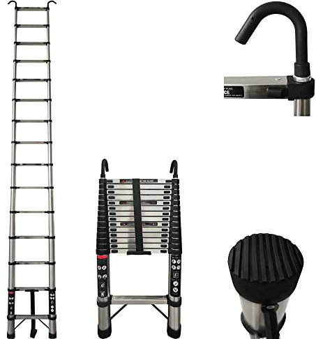 Teleskopleiter Klappleiter 4,4m Edelstahl mit 2 Haken, 5M Ausziehbare Leiter, Rutschfester Aluleiter Stehleiter Mehrzweckleiter Aluminiumleiter, Teleskop Ausziehleiter 150 kg Belastbarkeit