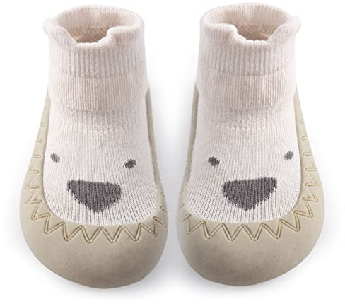 Exemaba Toddler Sock Shoes - Baby First Walking Shoes Soft Sole with Grips for Boys & Girls (Beige Dog, Tag22/12-18 M)
