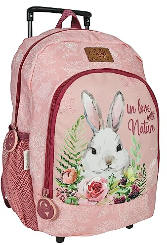PERLETTI Ökologischer Kinderrucksack mit Rollen und Waldtieren - Kinder Trolley aus Recyceltem Kunststoff mit Rädern - Kindergarten Schulranzen Trolleytasche - 36x25x15 cm Eco (Kaninchen)