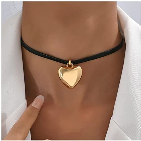 Inateannal Punk In Pelle Collana Girocollo Oro Cuore Gonfio Collana Ciondolo In Pelle Nera Collana Cuore Amore Vintage Collana Catena Gioielli Per Donne E Ragazze