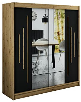MINIO go for it - LETO Kleiderschrank mit Spiegel, 200 cm Breite, 2 Stangen und Einlegeböden, Garderobenschrank aus Laminierter Platte, Garderobe Schlafzimmer, Farbe Artisan Eiche und Schwarz Matt