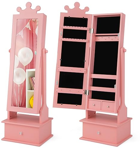 COSTWAY Armadio Gioielli per Bambini 3+ Anni con Specchio, Armadietto Portagioie da Terra con 3 Cassetti, Ideale per Camera da Letto (Rosa)