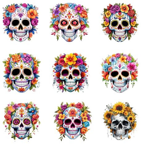 9pcs Sugar Flowers Skull Punk Patches for Clothes Heat Transfer Thermal Stickers DIY T Shirt Iron On for Women Fashion Appliqued