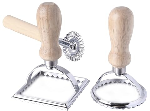 Ravioli Stamp Maker Cutter, Ravioli Cutters Mold with Wooden Handle and Fluted Edge Pasta Press Kitchen Attachment with Pastry Cutter Wheel for Making Ravioli, Empanadillas or Cookies- 3 Set