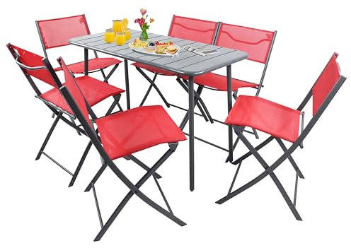 VCM 7-TLG Gartenmöbel Set | Sitzgruppe Essgruppe | 1xTisch, 6X Stühle | Tisch Maße ca. H. 72 x B. 110 x T. 55 cm | Klappbar | Garten Set - Sumila