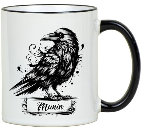 Fördeblau Hugin und Munin Odin-Raben Becher, Nordische Mythologie Keramiktasse, 330ml – Perfekte Geschenkidee für Wikinger-Fans
