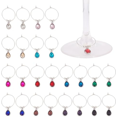GOMAKERER 24 Pcs 12 Colors Birthstone Wine Charms, Alloy Teardrop Wine Glass Markers Faceted Crystal Drink Identifier Wine Drinker Gift for Wine Tasting Party Favors Wedding Holiday Birthday