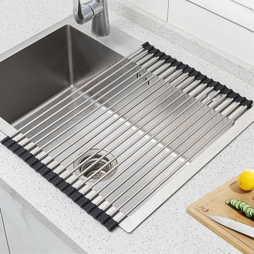 Ahigh Abtropfgestell Geschirr,Faltbare und Abnehmbare Geschirrabtropfgestell über Dem Spülbecken, Silikon/Edelstahl spüle zubehör,Abtropfmatte und Abtropffläche für Obst,Gemüse und Tassen(45 * 33)
