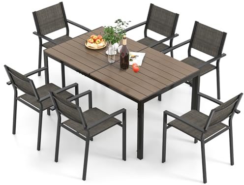 COSTWAY Gartenmöbel Set für 6 Personen, 6 stapelbare Gartenstühle mit Tisch, Terrassenmöbel Set, Gartengarnitur, Sitzgruppe, Sitzgarnitur, Essgruppe für Terrasse, Garten
