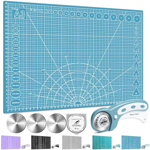 Miuzei Rotary Cutter Set A3 Self-Healing Cutting Mat 45mm Fabric Cutter | Double-sided grid, 45mm rotary cutter with blades, safety lock auto-retract, for fabric leather paper sewing quilting, blue