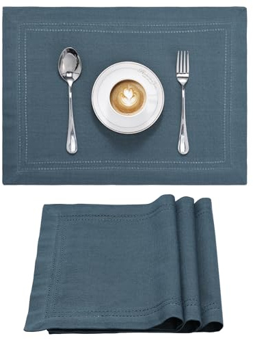JEMIDI Set di 4 Tovagliette Americane Lavabili Cotone - Tovaglietta Americana Stoffa - per Colazione Pranzo Merenda - Certificazione Oeko-Tex - Doppio Orlo - Effetto Lino - Blu