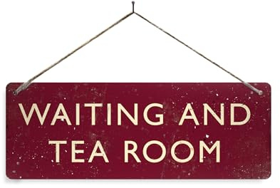 Waiting and Tea Room Metal Sign with Twine. Vintage warn rusty look print. Train station platform