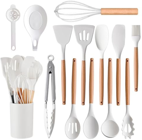 feyiubmen - 14 platos para muebles de cocina, cocina de silicona, hechos a medida con mango de madera sin pinzar, cubiertos de cocina