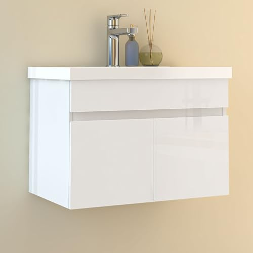 HAPAOSO 60 cm Waschtisch mit Unterschrank Badmöbel Set mit Waschbecken Keramik dick Gäste WC Hochglänzend Weiß