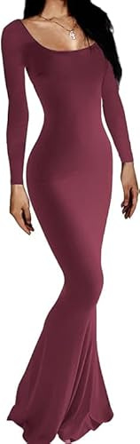 Rongseng Klänning dam långärmad bodycon lång klänning med fyrkantig hals sexig enfärgad maxi bodycon stretch klänning cocktailklänning för fest och ceremoni nattklubb, Vinröd, S