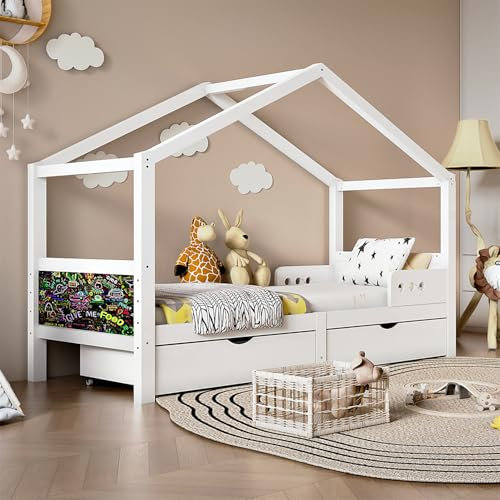 VRYGLEN Kinderbett 90x200 cm Kinderbett mit Doppelschublade, Absturzsicherung Kinderbett Stabiler Lattenrost, Kiefer Umweltzertifikat Kinderbett（Weiß）