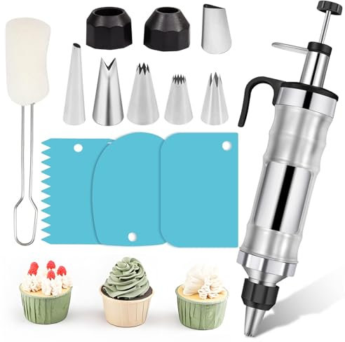 Fuutuu Juego de 13 herramientas de acero inoxidable para decoración de tartas, diseño de flores, jeringa color crema