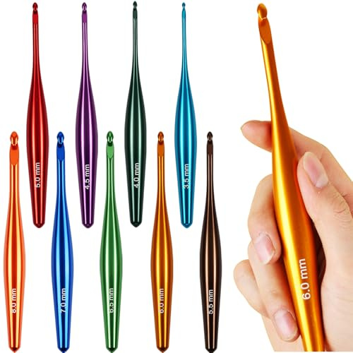Svartur virkade krokar ergonomiska, 9 st handpolerade virknålar i aluminium (3,5 mm-8 mm), strömlinjeformade virkade krokar premium, flerfärgade metallsticknålar med förvaringsväska