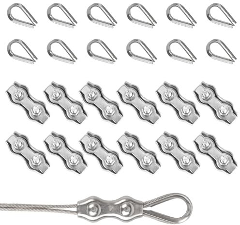 Wire Clamp, 24 PCS M4 Duplex Wire Rope Grips with M4 Thimbles, 304 Stainless Steel 4mm Wire Rope Clamps for Fence, Clothesline, Awning, and Cable Tensioning, Durable and Corrosion-Resistant