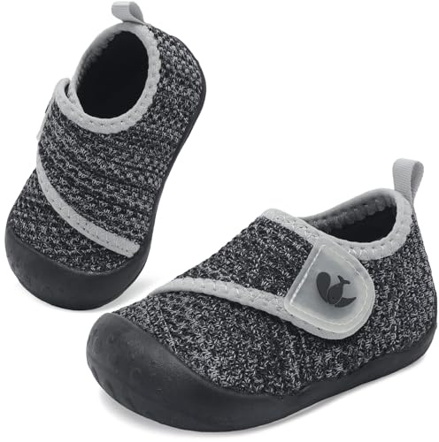 FEETCITY Wide Baby Walking Shoes Barefoot Infant Shoes Baby Sneakers Newborn Crib Shoe Flexible Lightweight Black Grey