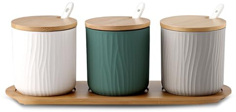MIATTCLD Gewürzgläser mit Löffel 3er Set Gewürzdosen keramik, Porzellan Gewürzdosen, Gewürz Behälter Set in der Küche und Zuhause für Zucker, Käse, Salz, Gewürze, 300ml/10.2 oz